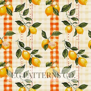 Pode incluir: Um padrão repetido com limões amarelos com folhas verdes em galhos, em um fundo de listras xadrez laranja e branco e linhas pontilhadas. O texto "EG PATTERNS CO." é visível na parte inferior.