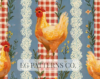 Rustic Farmhouse Rooster Seamless Pattern, Vintage Chicken Gingham Cottage Kitchen Digital or for Fabric, Wallpaper
