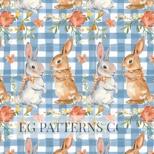 Pode incluir: Padrão aquarela com coelhos, flores e borboletas em um fundo xadrez azul e branco. Os coelhos são marrons e cinzentos com gravatas borboleta. As flores são laranja e amarelas. O texto "EG PATTERNS CO" está na parte inferior.