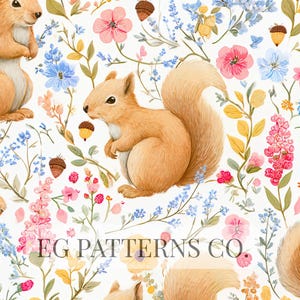 Cottagecore Squirrel Seamless Pattern – Woodland Floral Fabric for Nursery, Vintage Forest Animals Wallpaper, Whimsical Spring Cottage Decor