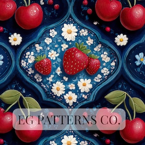Pode incluir: Ilustração digital com um padrão repetitivo de cerejas, morangos e margaridas sobre um fundo azul escuro. O texto "EG PATTERNS CO." é visível na parte inferior. O design tem uma estética floral vintage.