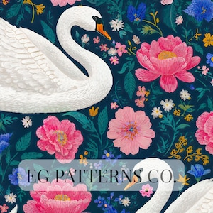 May include: A seamless pattern featuring white swans, pink peonies, and various other flowers against a dark teal background. The design includes the text "EG PATTERNS CO." in a semi-transparent box at the bottom.