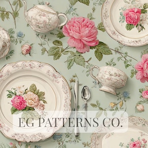 May include: A collection of vintage-style floral tableware, including plates, a teapot, and a creamer, arranged on a light green background with floral patterns. The plates feature pink roses and other flowers. Silverware and a teacup are also visible. The text "EG PATTERNS CO." is in the image.