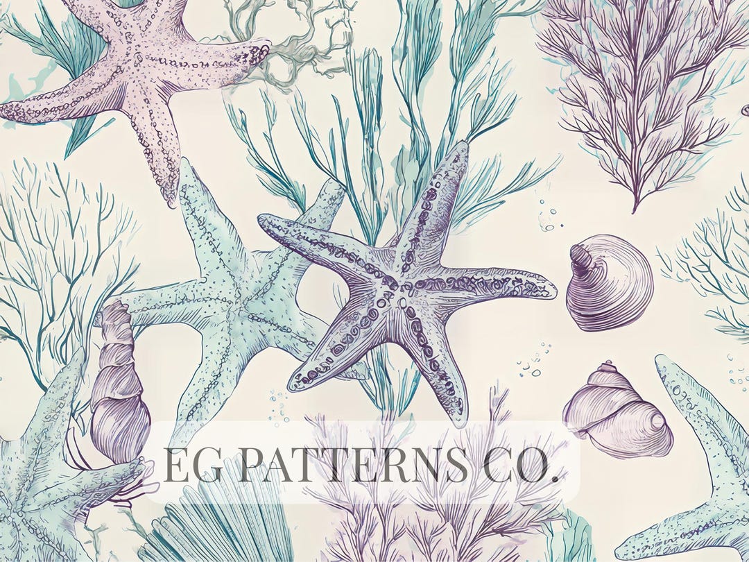 Coastal Botanical Seashell and Starfish Seamless Pattern for Beach ...