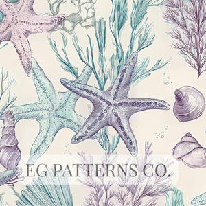 May include: A seamless pattern featuring starfish, seashells, and seaweed in shades of purple, teal, and green on a cream background. The design includes detailed illustrations of marine life, with the text "EG PATTERNS CO." at the bottom.