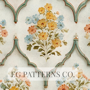 Könnte beinhalten: Blumenmuster mit Sträußen aus gelben, pfirsichfarbenen und blauen Blumen auf weißem Hintergrund. Das Design umfasst dekorative bogenförmige Rahmen mit türkisfarbenen und roten Akzenten. Der Text "EG PATTERNS CO." ist sichtbar.
