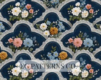 Vintage Lace Floral Seamless Pattern, Navy Scalloped Cottage Wallpaper, Romantic Victorian Botanical Fabric Design