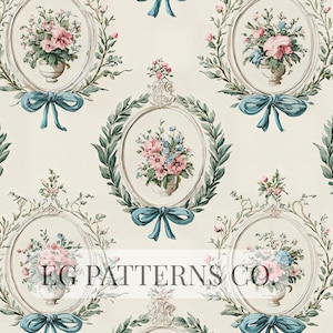 Pode incluir: Um padrão repetitivo com molduras ovais com arranjos florais em rosa e azul, rodeados por folhas verdes e amarrados com laços azuis. O texto "EG PATTERNS CO." é visível na parte inferior.