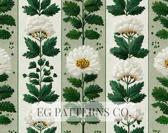 May include: Floral pattern featuring white daisy-like flowers with yellow centers and green leaves on a light green striped background. The design includes vertical rows of flowers and foliage, creating a repeating pattern. The text "EG PATTERNS CO." is at the bottom.