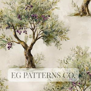 Mediterranean Olive Tree Seamless Pattern, Tuscan Farmhouse Botanical Wallpaper Design for Fabric, Rustic Kitchen Decor & Digital Paper