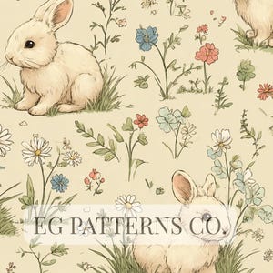 Pode incluir: Padrão repetitivo com coelhos creme, margaridas e outras flores silvestres em tons de vermelho, azul e verde. A ilustração tem um estilo vintage desenhado à mão, com o texto "EG PATTERNS CO." na parte inferior.