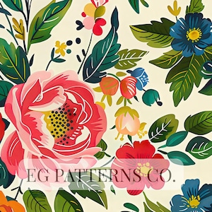 May include: A colourful floral design with large pink and red peonies, blue and yellow flowers, and green leaves on a cream backdrop. The design includes the text "EG PATTERNS CO."