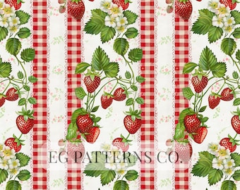 Cottage Strawberry Seamless Pattern | Hand Painted Vintage Strawberries with Gingham Details | Vintage Fruit Seamless Pattern