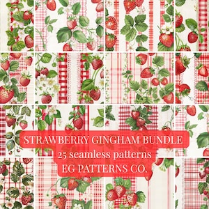 Pode incluir: Uma coleção de 25 padrões sem costura com morangos e designs xadrez vichy. Os padrões incluem xadrez vichy vermelho e branco, videiras de morango e detalhes florais. O texto "STRAWBERRY GINGHAM BUNDLE" é exibido em uma faixa vermelha.