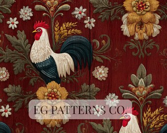 French Country Rooster Damask Seamless Pattern – Vintage European Farmhouse Wallpaper, Old World Rustic Floral Design | Commercial Use