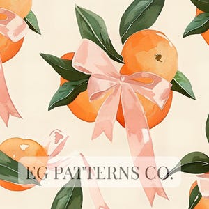 Pode incluir: Ilustração em aquarela de laranjas com folhas verdes e laços rosa sobre fundo creme. O texto "EG PATTERNS CO." é visível. Adequado para tecidos, papel de parede ou artigos de papelaria.