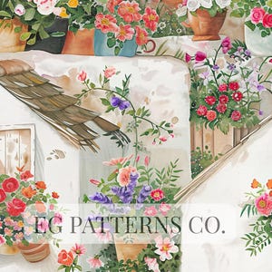 Könnte beinhalten: Aquarellillustration einer bezaubernden europäischen Dorfszene, überfüllt mit bunten Blumen in Töpfen. Das Bild zeigt weiße Gebäude mit braunen Ziegeldächern und den Text "EG PATTERNS CO."
