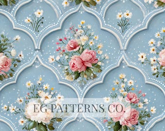 Bridgerton Inspired Porcelain Blue Scallop Rose Seamless Pattern, Romantic Bridal Garden Wallpaper, Delicate Vintage Floral Fabric