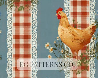 Farmhouse Chicken Wallpaper Seamless Pattern – Rustic Hen Gingham Stripe Country Kitchen Wall Design
