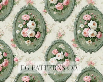 May include: A repeating pattern featuring oval frames with bouquets of pink and white roses on a cream background. The frames are a muted green color. The text "EG PATTERNS CO." is visible.
