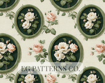 May include: Seamless pattern featuring oval frames with white roses on a dark green background, surrounded by green leaves and pink roses on a cream background. The text "EG PATTERNS CO." is at the bottom.