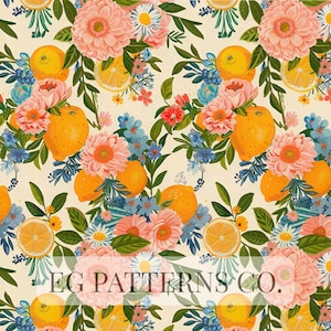 Pode incluir: Padrão repetitivo com laranjas inteiras e fatiadas, e uma variedade de flores em tons de rosa, azul e branco, sobre um fundo creme. O texto "EG PATTERNS CO." é visível na parte inferior.