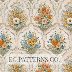 Pode incluir: Padrão repetitivo com buquês de flores em tons de laranja, amarelo, azul e branco. Os arranjos florais são dispostos sobre um fundo creme com um design em arco. O texto "EG PATTERNS CO." é visível na parte inferior.