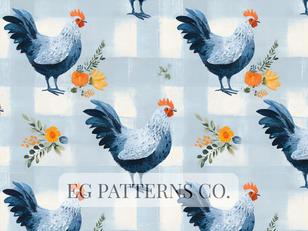 Rustic Blue Farmhouse Rooster Seamless Pattern, Country Chicken and ...