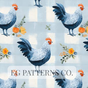 Pode incluir: Padrão repetitivo com galos em aquarela com penas azuis e brancas, cristas vermelhas e bicos laranja. Os galos são colocados sobre um fundo xadrez azul claro e branco, com detalhes florais de flores laranja e amarelas.