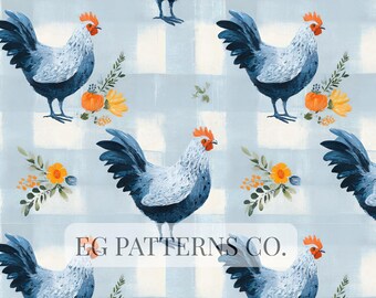 Rustic Blue Farmhouse Rooster Seamless Pattern, Country Chicken and Fall Floral Digital Paper for Kitchen and Commercial Use