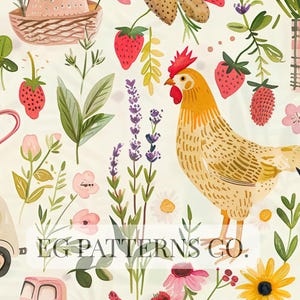 Pode incluir: Padrão em aquarela com uma galinha amarela, morangos, flores e um regador rosa. O design inclui um carro antigo, lavanda e uma cesta. O texto "EG PATTERNS CO." é visível.