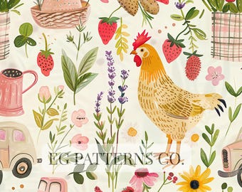 Strawberry Farmhouse Chicken Seamless Pattern, Vintage Cottage Garden with Pink Truck, Floral Harvest for Commercial Use