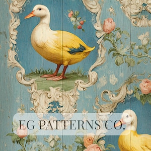 Pode incluir: Padrão de estilo vintage com um pato amarelo com cabeça branca e bico laranja, sobre um fundo azul com flores e volutas ornamentadas. O texto "EG PATTERNS CO." é visível na parte inferior.