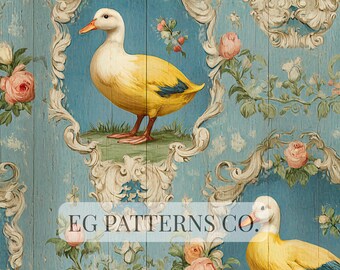 French Country Duck Rococo Seamless Pattern – Vintage Manor Floral Wallpaper, Grandmillennial Cottage Estate Design | Commercial Use
