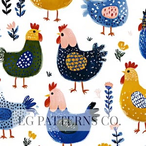 Peut inclure: Motif fantaisiste avec des poulets colorés. Les poulets sont peints en bleu, jaune, vert et rose, avec des crêtes et des becs rouges. Le fond est blanc, avec de petits motifs floraux et de feuilles.