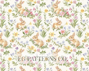 Easter Bunny Floral Seamless Pattern | Vintage Spring Rabbit Illustration with Wildflowers | Cottage Garden Digital Pattern