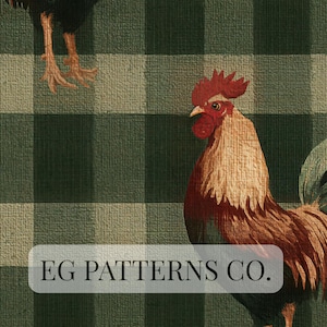 Pode incluir: Ilustração de um galo com crista vermelha e penas castanhas sobre um fundo xadrez verde e bege. O texto "EG PATTERNS CO." é exibido em um retângulo branco. A imagem tem uma estética vintage e rústica.
