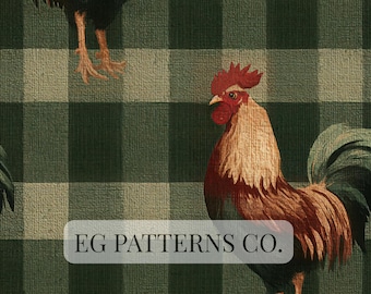 Green Gingham Rooster Seamless Pattern – Classic Farmhouse Chicken Print, Rustic Country Kitchen Wallpaper & Fabric Design