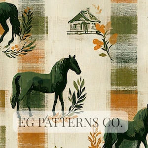Pode incluir: Padrão repetitivo com cavalos verde-escuros, uma cabana e detalhes florais em um fundo creme. O design incorpora uma grade xadrez com blocos laranja e verde. O texto "EG PATTERNS CO." está na parte inferior.