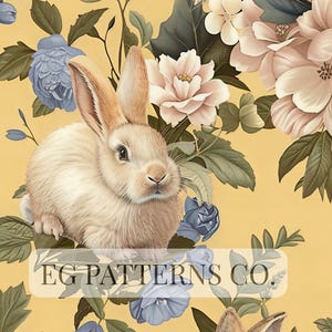 Pode incluir: Ilustração digital de um coelho marrom claro rodeado por flores creme, azuis e verdes sobre um fundo amarelo. O texto "EG PATTERNS CO." está na parte inferior. O tema é floral e animal.