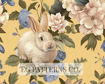 Romantic Botanical Bunny Seamless Pattern, Yellow Floral Rabbit Nursery Wallpaper and Cottagecore Spring Fabric Print