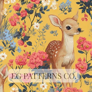May include: A whimsical illustration featuring a fawn amidst a vibrant floral arrangement. The background is a sunny yellow, with pink, blue, and white flowers. The text "EG PATTERNS CO." is visible. This design is suitable for fabric or wallpaper.