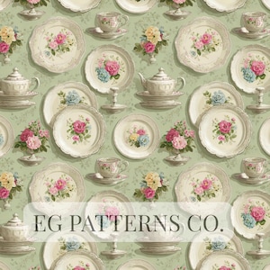 Pode incluir: Um padrão repetitivo de xícaras, pires, pratos e bules vintage com desenhos florais em rosa, azul e amarelo. O fundo é verde claro. O texto "EG PATTERNS CO." é visível.
