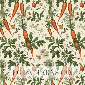 May include: A repeating pattern featuring orange carrots with green tops, white daisies, and other floral elements on a cream background. The text "EG PATTERNS CO" is visible at the bottom. This design is suitable for fabric or wallpaper.