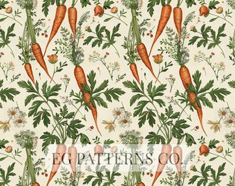 Carrot Botanical Seamless Pattern | Vintage Vegetable Illustration for Fabric, Wallpaper, Kitchen Decor and Food Packaging