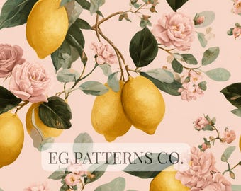 Italian Lemon Rose Seamless Pattern | Vintage Citrus Floral Design | Amalfi Garden Wallpaper & Fabric