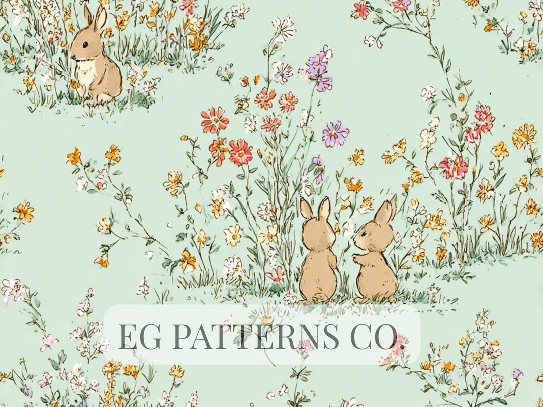 Easter Bunny Meadow Seamless Pattern | Cute Rabbits in Wildflower Field ...
