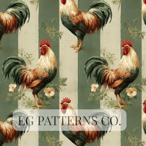 May include: A repeating pattern featuring detailed illustrations of roosters with red combs, cream-colored feathers, and brown and green plumage. The roosters are set against a backdrop of vertical green and white stripes with floral accents. The text "EG PATTERNS CO." is visible.