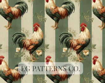 Elegant French Country Rooster Seamless Pattern – Vintage Striped Kitchen Design in Sage Green, Farmhouse Chic for Commercial Use