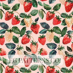 Pode incluir: Padrão repetido de morangos e folhas em fundo rosa. Os morangos são vermelhos e brancos, com folhas e caules verdes. O texto "EG PATTERNS CO." é visível.